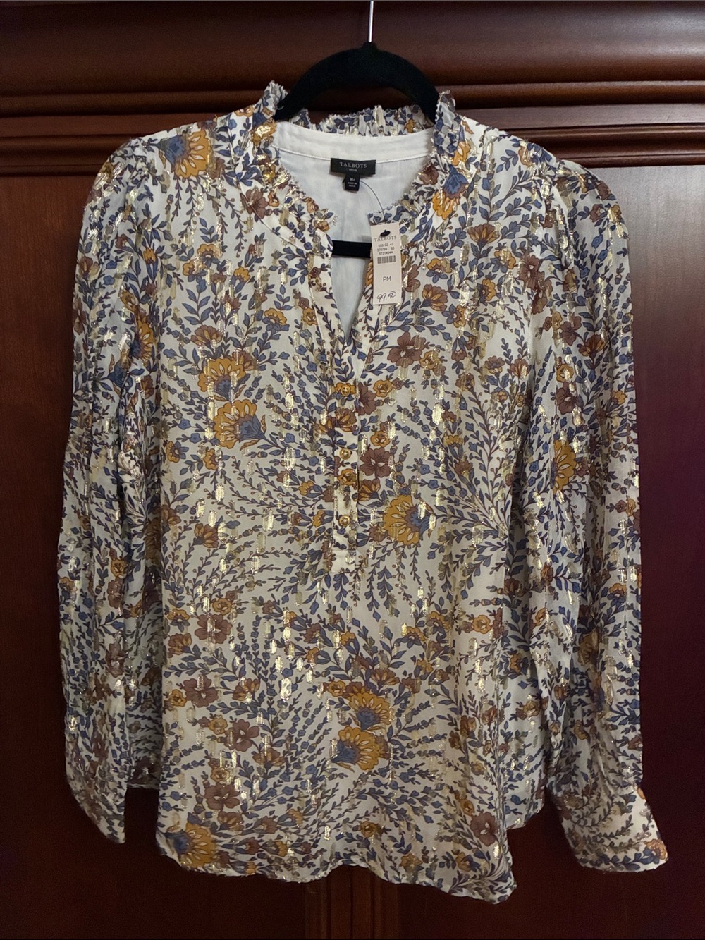 Talbots Cream Floral Button-Front Shirt with Gold Accents